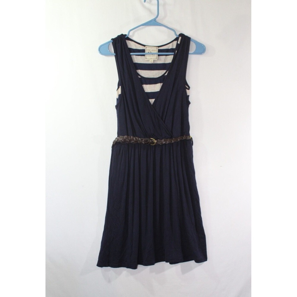 Pink Rose Navy Solid/Striped Sleeveless Tank Dress w/ braided belt Sz Medium M